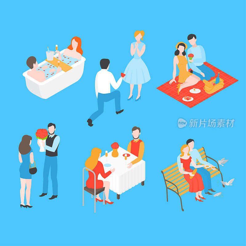 Isometric Valentine day set. Wedding proposal and relationship anniversary. Romantic date picnic in park, bath in bathroom and Love couple in cafe. Man giving gift and flower to woman